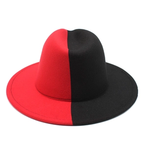 Two-tone red and black wool felt fedora hat with wide brim and classic jazz style crown