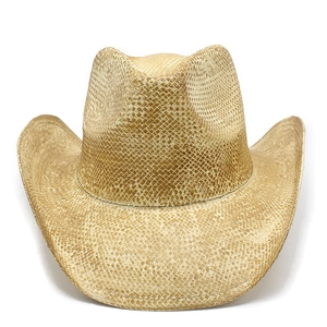 Macro detail of hand-woven straw texture and snakeskin pattern on the Western cowboy hat