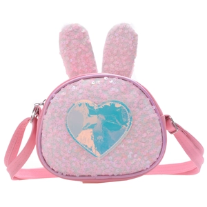 Pink sequin crossbody bag with rabbit ears and colorful heart pattern for girls