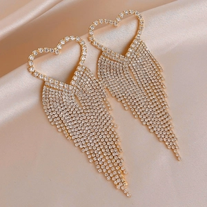 Heart Rhinestone Long Tassel Earrings With 925 Sterling Silver Earring Post Copper Sparkling Dangle For Women Party Fashion