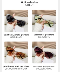 Detail of cat-eye sunglasses with rhinestone edges in four colors and gold frames