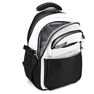 Contrast black and white casual backpack with multi-layer zippers and side pockets