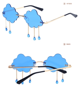 Detail view showing blue cloud-shaped rimless lenses with hanging raindrop charms