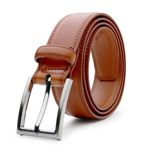 Brown genuine leather men's belt with silver pin buckle rolled on white background