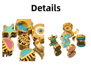 Macro detail of gold-plated stainless steel beads with colorful enamel flower patterns