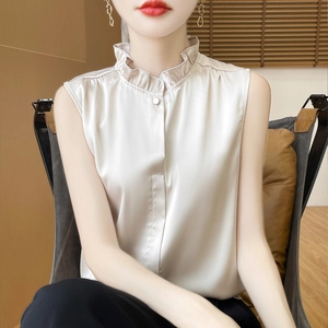 Women Elegant Satin Sleeveless Shirt Ruffle Stand Collar Artificial Pearl Button Faux Satin Commuter Top