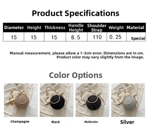 Size chart showing 15cm spherical evening bag dimensions with chain strap details