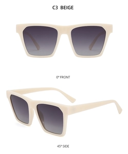 Front and side view of beige oversized square sunglasses with grey gradient lenses