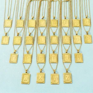 Initial Letter Pendant Necklace 18K Gold Plated Stainless Steel Rectangular Sunburst Alphabet Card Minimalist Jewelry For Women