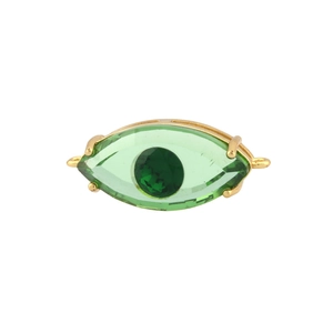 Gold evil eye connector with light green multifaceted stone and small zircon charm