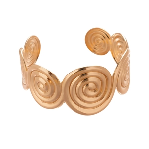 Bohemian gold textured spiral disc open bangle with minimalist metal circular patterns