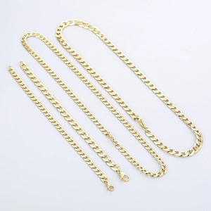 Detail of four gold-plated Cuban link chains in various lengths on a clean white background