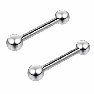 Parallel G23 titanium barbell body jewelry with polished silver round beads on white background