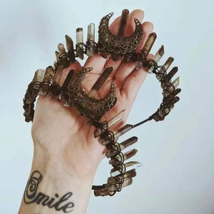 Handcrafted Wicca crown with natural smoky quartz crystals and brass crescent moon design