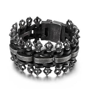 Punk style 316L stainless steel bracelet with black leather multi-layer weaving and crown motifs