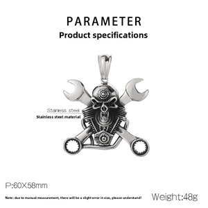 Mechanical punk skull pendant with dual wrench design in stainless steel 60x58mm