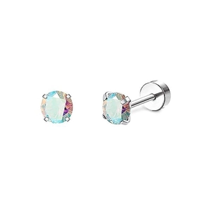 Macro detail of stainless steel earring with opal-colored stone and screw back closure