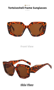 Detailed front and side views of oversized tortoiseshell geometric sunglasses with brown lenses