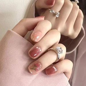 Press On Nails Short Square Round Tulip Flower Design Artificial Pearl Rhinestone Gradient Pink Red Fake Nails For Women