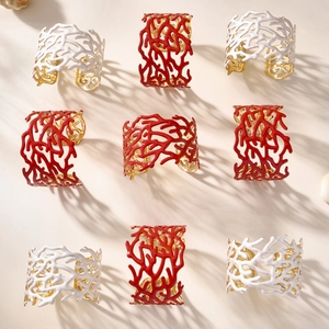 Bracelet corail en émail rouge et blanc, manchette ouverte en acier inoxydable design
