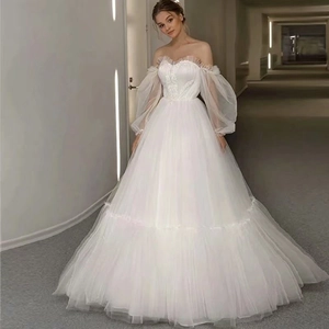 Elegant Off Shoulder Wedding Dress With Tulle Bubble Lantern Sleeves And Lace Up Back A Line Simple Bridal Gown For Women