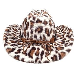 Close-up of leopard print faux fur western cowboy hat with rope and stud details
