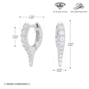 Detail view of S925 sterling silver geometric earrings with size specs and 5A zircon