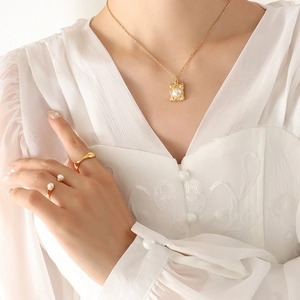 French chic gold necklace with pearl square pendant and matching pearl rings set