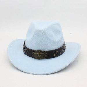Light blue western felt cowboy hat with leather band and metal bull head buckle decoration