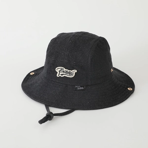 Detail of black denim bucket hat with adjustable cord and white cursive embroidery