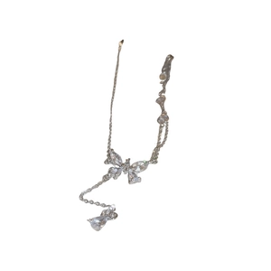 Silver butterfly tassel necklace with sparkling zircon crystals and water drop pendants