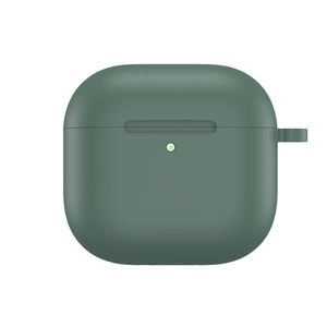 Detail view of dark green silicone case for AirPods 4 with LED indicator cutout