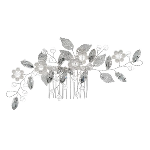 Handmade bridal hair comb with crystal flowers, white pearls and silver metal leaves