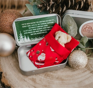 Christmas teddy bear in red sleeping bag inside a silver metal tin gift box