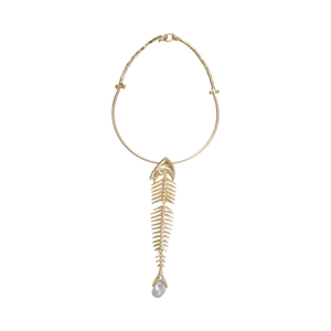 Golden fishbone pendant choker with rhinestone accents and a white baroque pearl drop