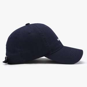 Navy blue baseball cap with white side embroidery and adjustable back strap on white background