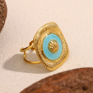 Vintage 18K gold plated stainless steel square ring with blue enamel and shell design