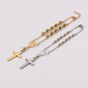 Gold and silver stainless steel beaded chains with cross and hollow heart pendants