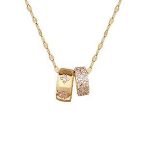 Elegant gold titanium steel necklace with sparkling double ring crystal pendants