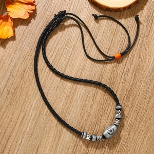 Vintage Football Pendant Necklace Handmade Beaded Leather Cord Zinc Alloy Sports Style Adjustable Jewelry