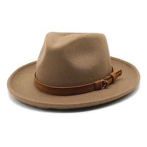 Classic khaki wool felt fedora hat with brown suede band and gold metal buckle detail