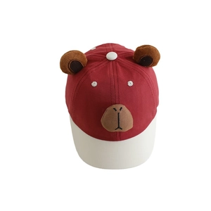 Kids' Capybara style baseball cap with bear ears in red and beige color block design