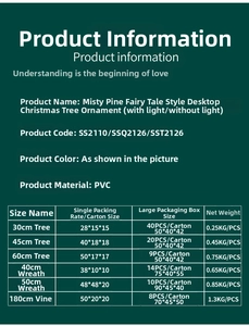 Size chart showing PVC Christmas tree, wreath, and garland dimensions with weight details