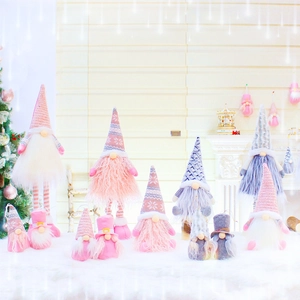 Pink and grey telescopic Christmas gnomes with knitted hats for home festive decoration