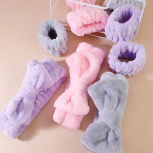 Coral Fleece Bow Headband And Wristbands Face Washing SPA Makeup Skincare Soft Plush Hairband Women
