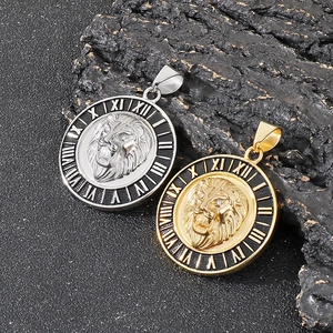 Detail view of gold and silver hip hop lion head pendants with Roman numerals