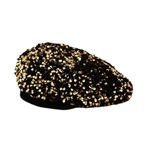 Fashionable black velvet beret for women with sparkling gold sequins and minimalist style