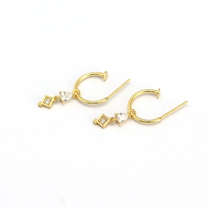 Elegant s925 silver gold-plated hoop earrings with sparkling pear and rhombus zircon charms