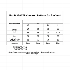 Tableau des tailles détaillé pour gilet trapèze à chevrons pour femmes avec mesures en cm