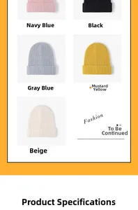 Detailed view of winter feather yarn knit beanies in pink, black, blue, yellow, and beige
